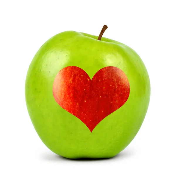 Green apple with heart — Stock Photo, Image