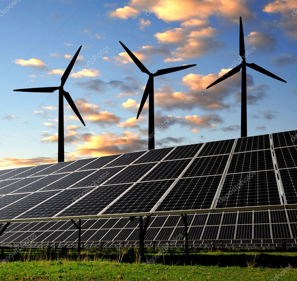 Solar panels and wind turbine — Stock Photo © vencav 18170631