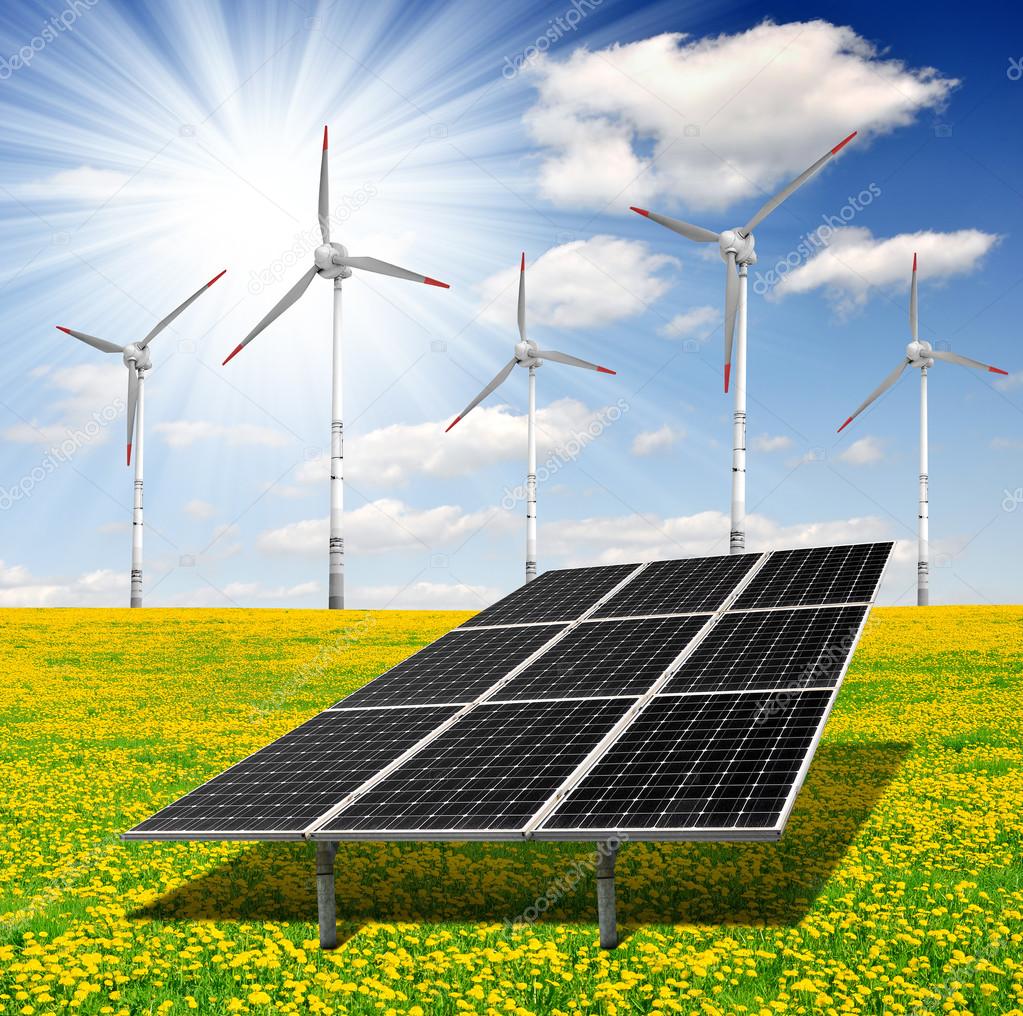 Solar energy panels and wind turbine