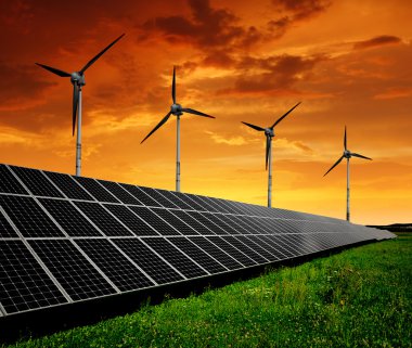 Solar energy panels with wind turbines clipart