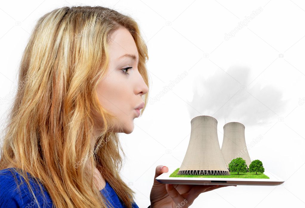 girl blowing smoke from the nuclear power plant