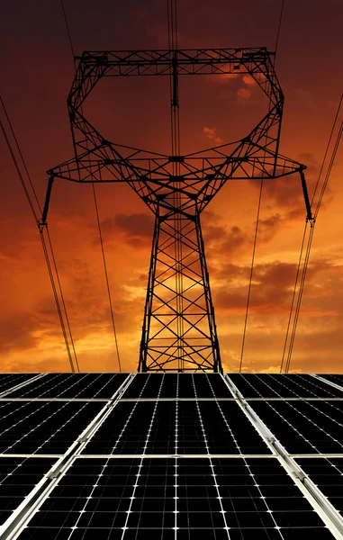 Solar energy panels with power line — Stock Photo, Image