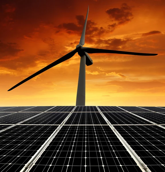 Solar energy panels with wind turbines — Stock Photo, Image