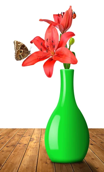 Lily with butterfly Morpho — Stock Photo, Image