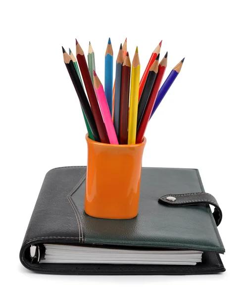 Workbook and color pencils — Stock Photo, Image