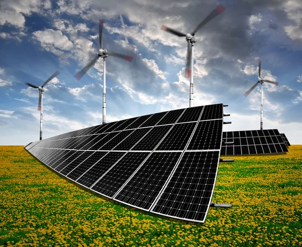 Solar energy panels and wind turbines — Stock Photo, Image