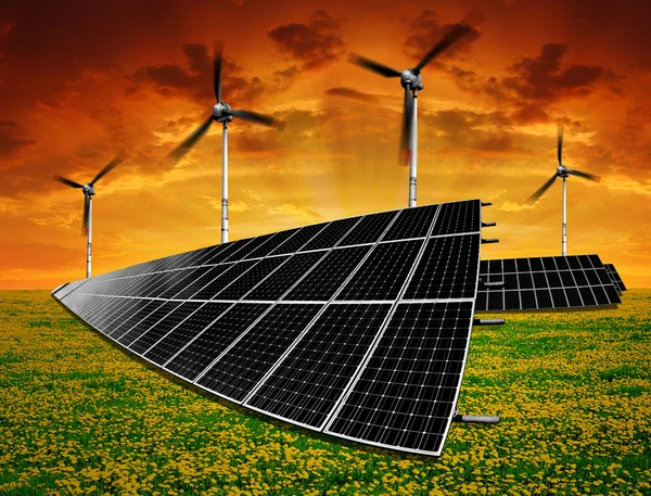 Solar panels and wind turbine — Stock Photo, Image