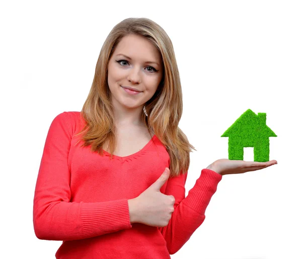 Girls holding in hands green house — Stock Photo, Image