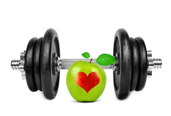 Black dumbbell with apple — Stock Photo, Image