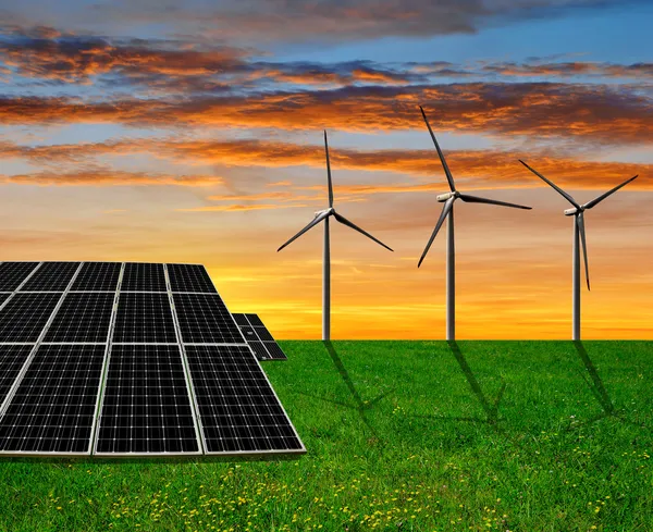 Solar energy panels and wind turbines — Stock Photo, Image