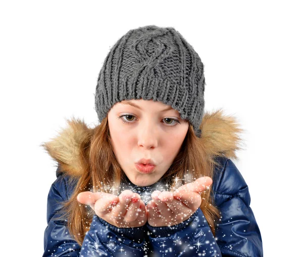 Girl blowing snow — Stock Photo, Image