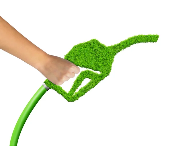 Mão segurando combustível gasolina verde — Fotografia de Stock