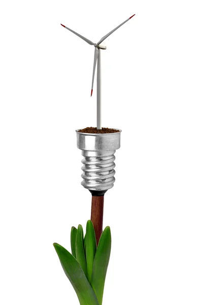 Glödlampa med vindkraftverk på anläggningen — Stockfoto