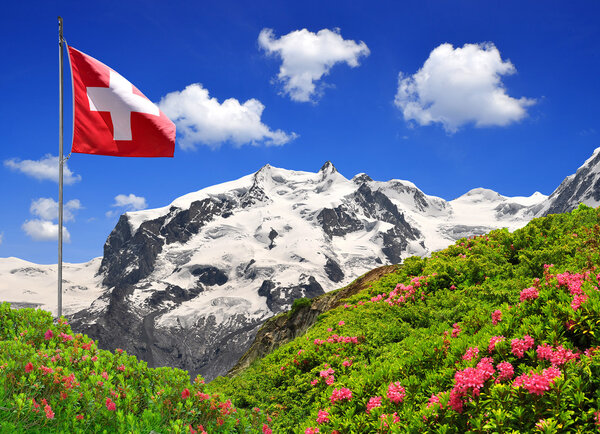 Mount Monte Rosa with Swiss flag