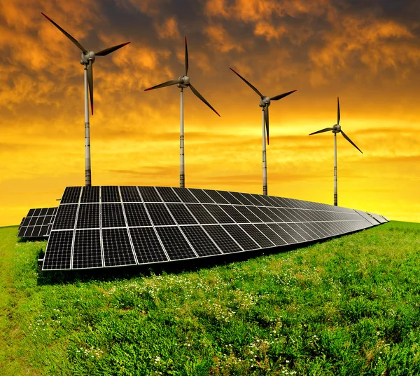 Solar energy panels with wind turbines — Stock Photo, Image