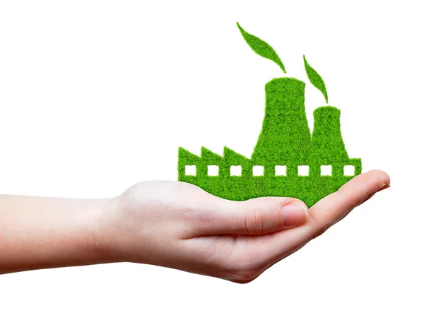 Green Nuclear power plant icon in hand — Stock Photo, Image