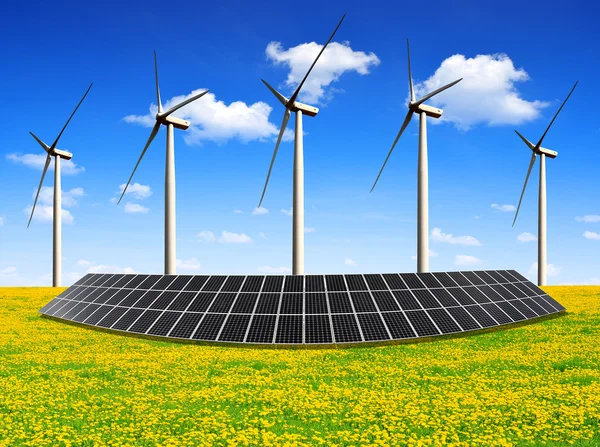 Solar energy panels and wind turbines — Stock Photo, Image