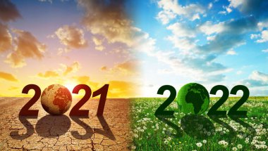 Kurak gezegenli 2021 numara ve yemyeşil gezegenli 2022 numara. Mutlu yıllar kavramı. Küresel ısınma veya değişen iklim teması.