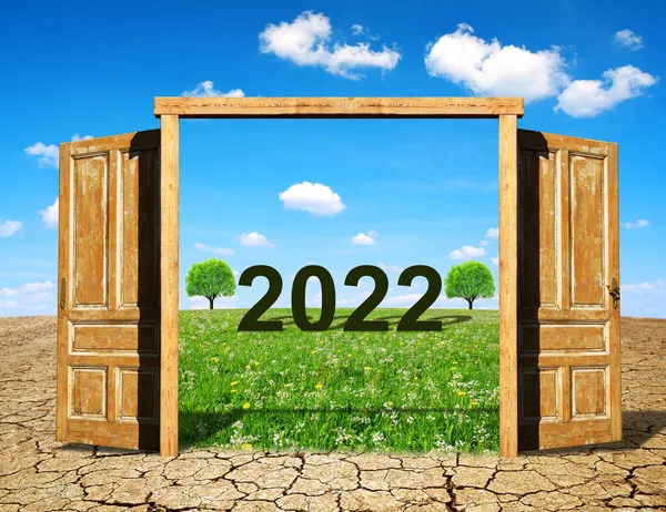 Open Wooden Door Beautiful Spring Landscape Number 2022 Concept Happy — Stock Photo, Image