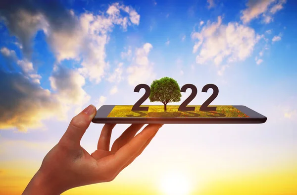 Kobieta Trzyma Cyfrową Tabletkę Drzewem Numerem 2022 Zachodzie Słońca Szczęśliwego — Zdjęcie stockowe