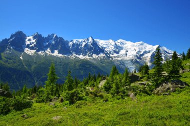 Güneşli bir günde Mont Blanc dağlık arazisi. Doğal Rezerv Aiguilles Rouges, Graian Alpleri, Fransa, Avrupa.