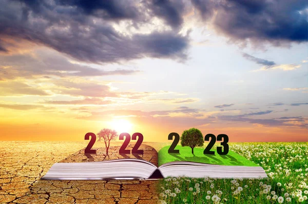 Open book with number 2022 and 2023 at sunset. Dry country with cracked soil and spring meadow with dandelions. Concept of Happy New Year. Global warming or climate change theme.