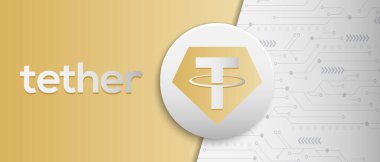 Tether Gold (XAUT) crypto coin symbol and logo. Block chain based virtual currency technology banner.