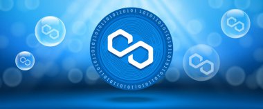 Creative Polygon (MATIC) crypto currency coin with symbol of the virtual electronic cash. Vector illustration template for banners, web backgrounds and wallpaper design.