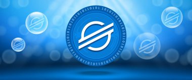 Creative Stellar (XLM) crypto currency coin with symbol of the virtual electronic cash. Vector illustration template for banners, web backgrounds and wallpaper design.