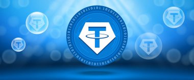 Creative Tether (USDT) crypto currency coin with symbol of the virtual electronic cash. Vector illustration template for banners, web backgrounds and wallpaper design.