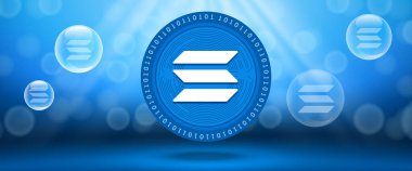 Creative Solana (SOL) crypto currency coin with symbol of the virtual electronic cash. Vector illustration template for banners, web backgrounds and wallpaper design.