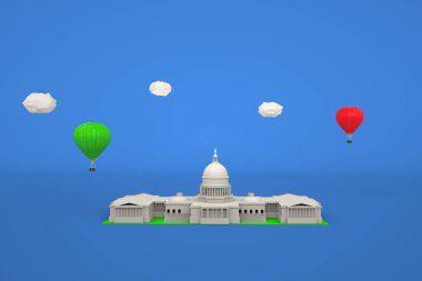 3D white temple, palace on a blue isolated background. 3D graphical isometric model. Colorful balloons on the background. 3D graphics