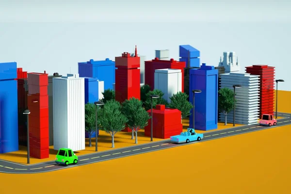 3D graphic illustration of a city model. 3D model of a multi-colored city on a white isolated background. Urban view, 3D graphics