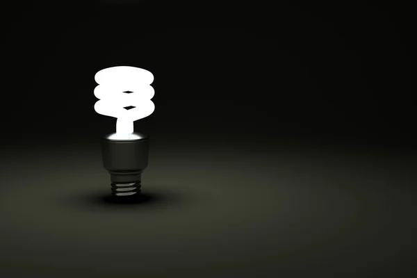 黒の孤立した背景に渦巻電球の3Dモデル 渦巻電球は周囲の暗い環境を照らし出します 現実的なスパイラルランプの3Dモデル — ストック写真