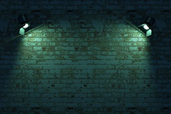 Wall lamps on a brick wall, 3d models of wall lamps. Green lighting falls on an isolated wall. 3D graphics. Interior design