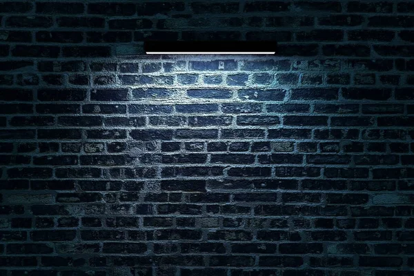 Long wall lamp illuminates a brick wall. Neon lamp is hanging on a brick wall. Dark isolated background. 3D graphics. Interior design