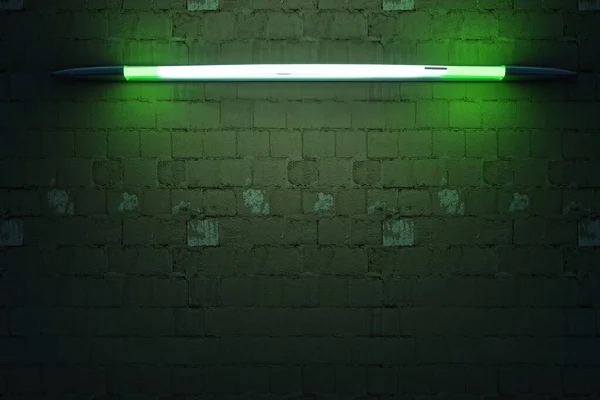Long elongated neon wall lamp. Green lighting from a wall lamp. 3D realistic hanging wall lamp. Insulated brick wall. Interior design