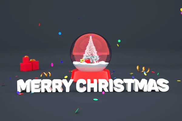 クリスマスツリーと贈り物と雪のおもちゃの装飾ボールの3Dモデル 3D碑文灰色の隔離された背景にメリークリスマス 明けましておめでとうメリー クリスマス クリスマス飾り — ストック写真