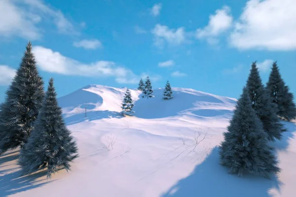 3D illustration of a winter landscape with green Christmas trees in snowdrifts. Green Christmas trees in snowdrifts, white snow, winter day. 3D graphics