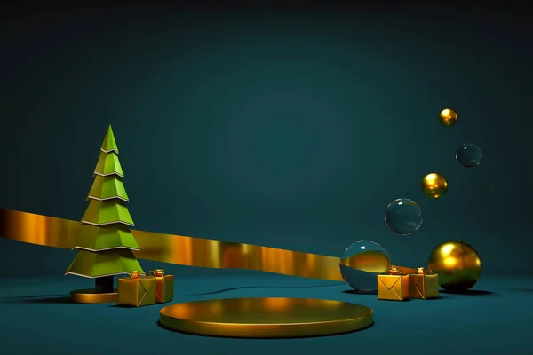 Realistic 3D illustration of a Christmas tree and decorations for the new year. Festive Christmas card. Gold ribbon, confetti, balloons and a Christmas tree on a dark isolated background. 3D graphics