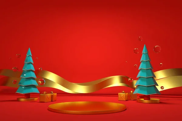 3D festive illustration with Christmas trees and decorations for the new year on a red isolated background. Green tree Christmas tree with a gold ribbon on a red background. Holiday card, 3D graphics