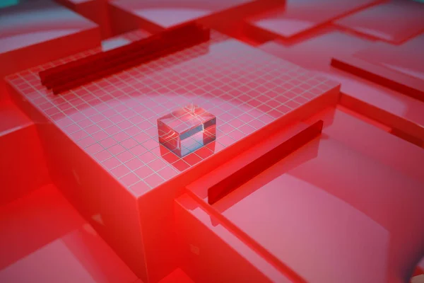 3D illustration of the red racks on which the glass rectangle model lies. Glass brick, 3d object on a red background. 3D graphics