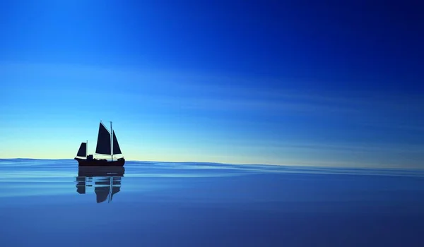 3D illustration of a sea sailboat on the background of a blue sunset or sunrise. Sailing boat, 3D model on a blue background. Sea boat, ship, sailboat. 3D graphics