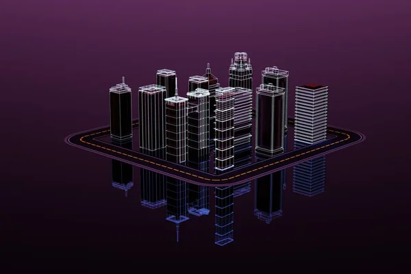 Model City Skyscrapers Highway Road Illustration Isolated Skyscrapers Dark Purple — Zdjęcie stockowe