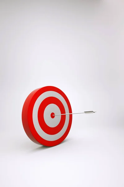 Realistic 3D model of a red target with a dart in the middle on a white isolated background. Red target, target, darts game. 3D graphics
