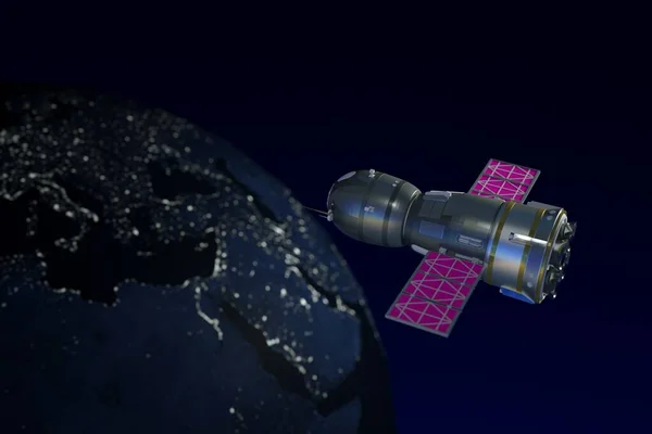 3D illustration of a space station in outer space. View from the top of the station and the Ground. Glowing Earth with lights. Orbiting space station on a dark background with a planet. 3D graphics