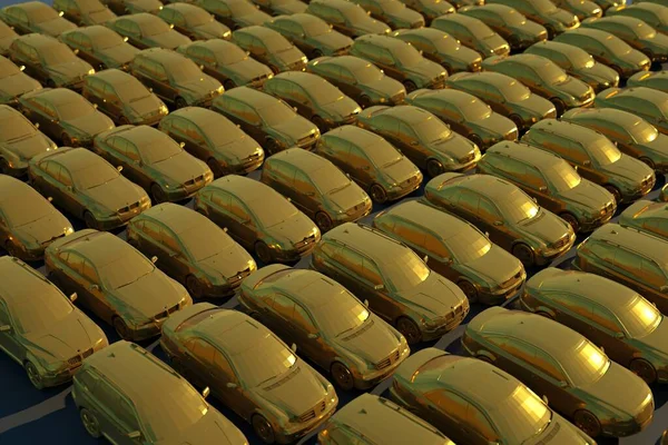 3D illustration of a multitude of cars in gold coating on a black isolated background. Lots of gold cars, 3D graphics, side view