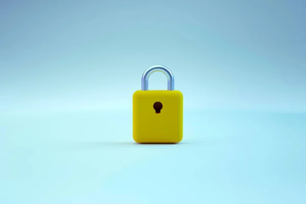 Realistic graphic model of a golden door lock with a keyhole. Golden castle on a blue isolated background. 3D graphic object of one castle. 3D graphics