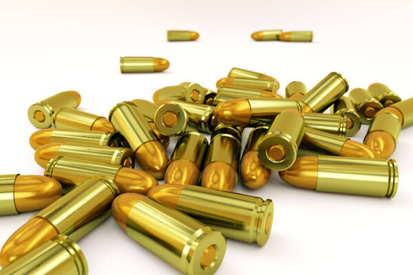 Small pile of golden bullets on a white isolated background. Gun cartridges for a pistol in a small pile. 3D graphics, close-up