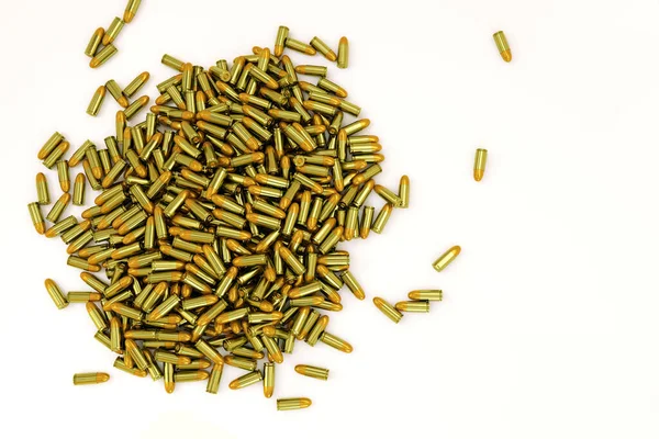 Huge pile of realistic bullets on a white isolated background. Golden bullets are lying in a huge pile. 3D illustration of gun cartridges for a pistol